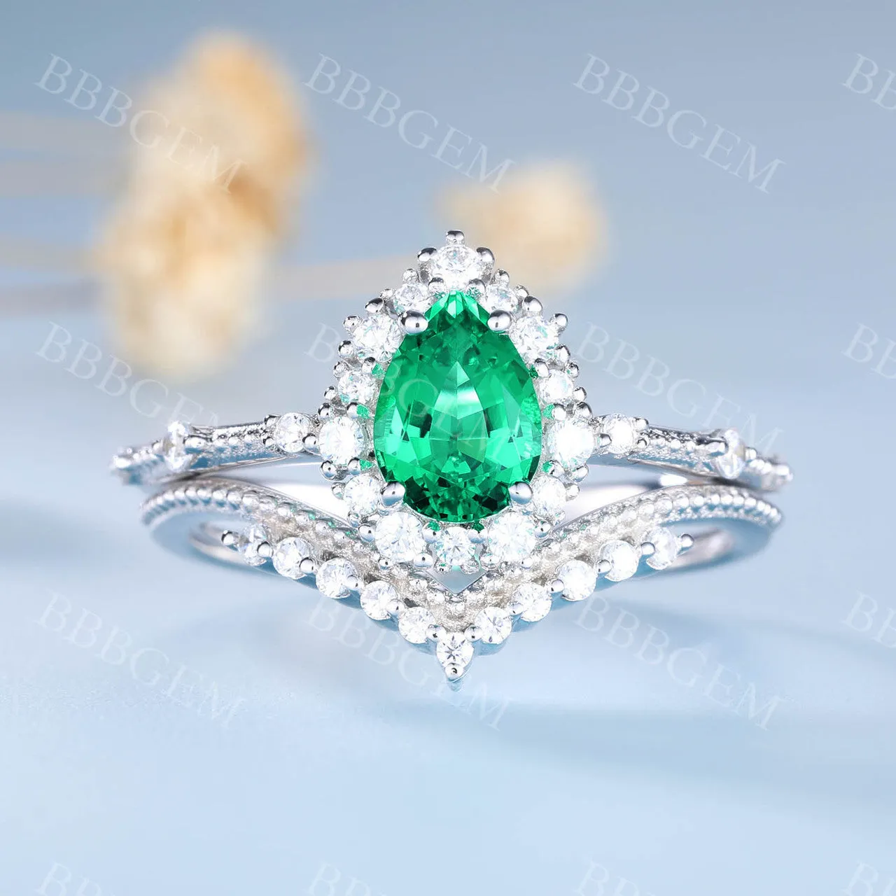 Pear Emerald Ring Set Green Emerald Gemstone Anniversary Ring Diamond Chervon Band