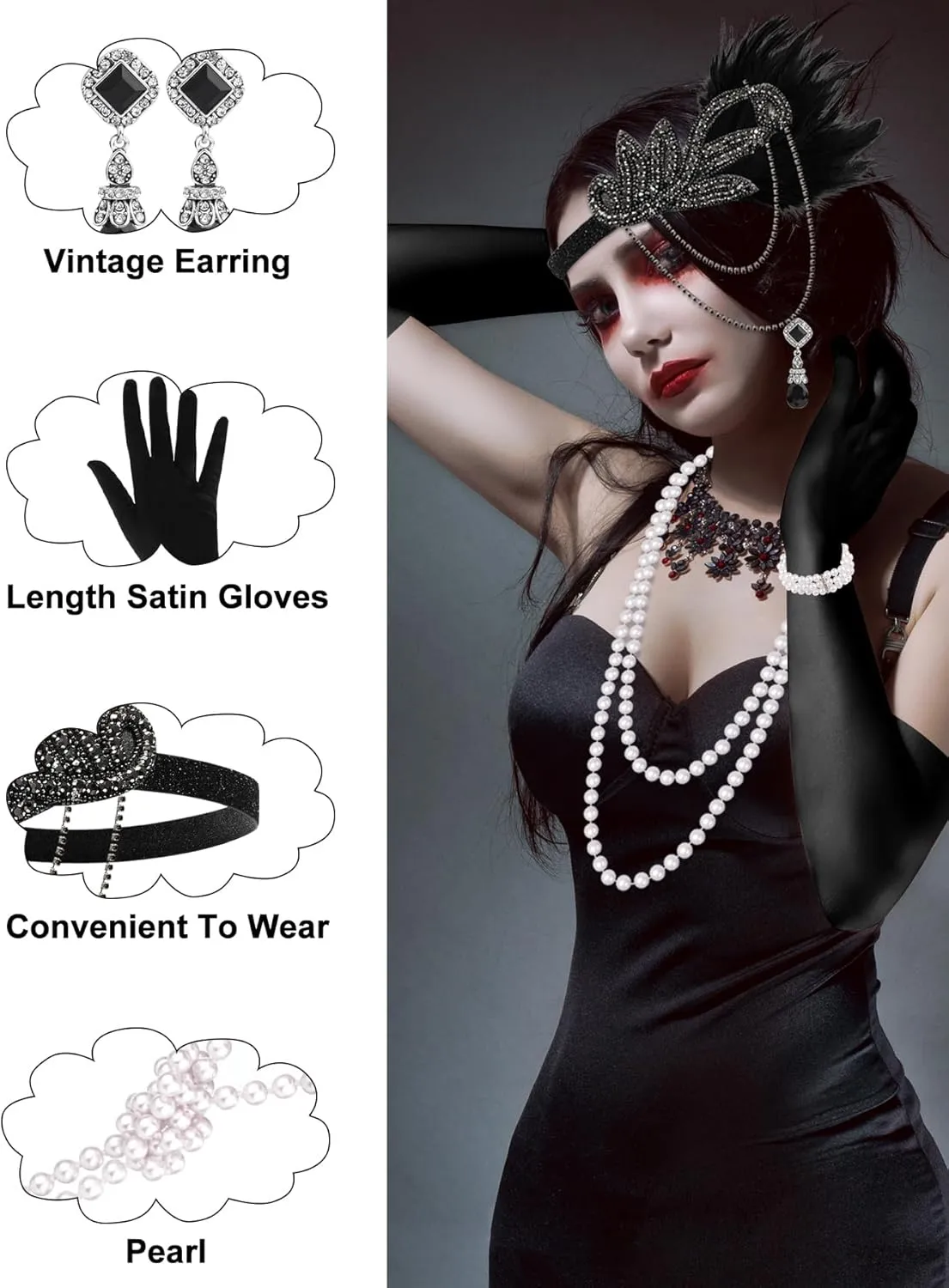 PLULON 6 Pcs 1920s Flapper Accessories for Women, Great Gatsby Flapper Accessories Fashion Roaring 20s Costume for Women