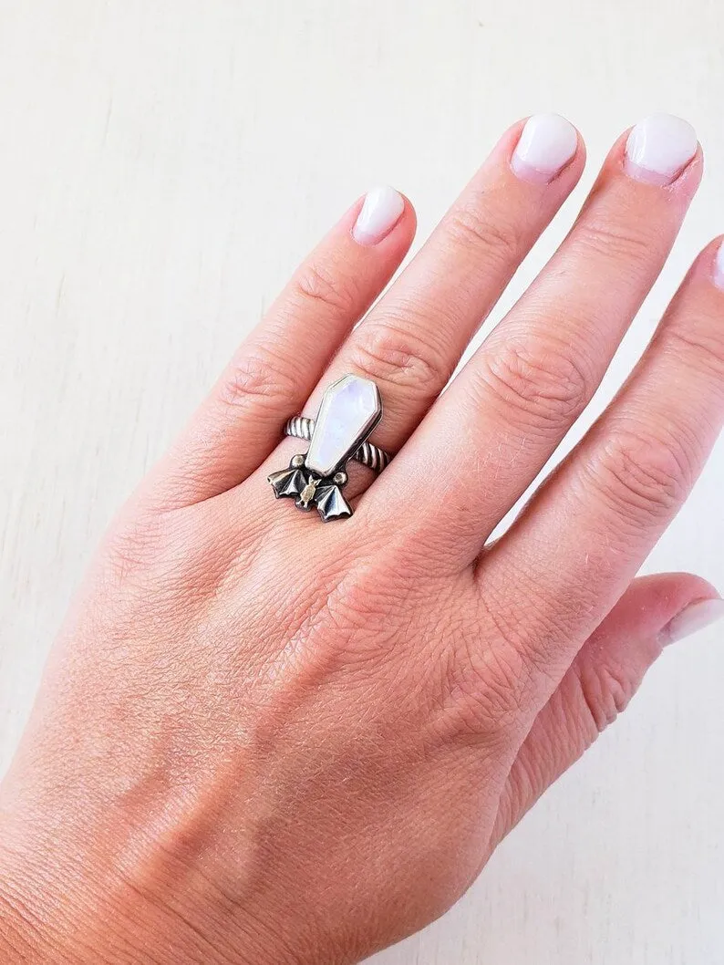 Rainbow Moonstone Coffin Cut Gothic Style Ring With Bat  - 925 Sterling Silver Ring
