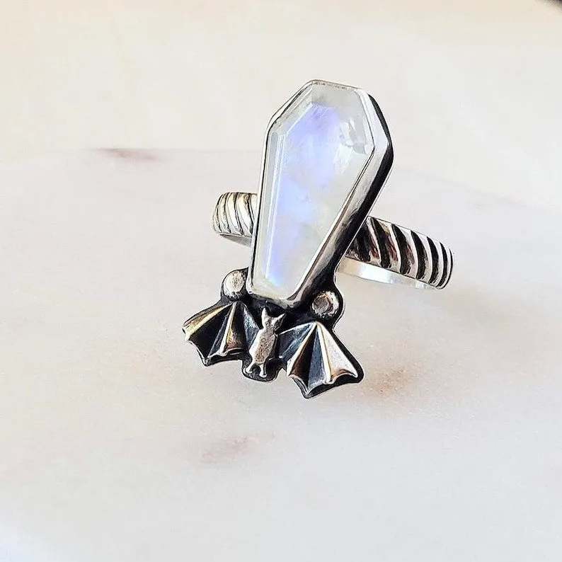 Rainbow Moonstone Coffin Cut Gothic Style Ring With Bat  - 925 Sterling Silver Ring