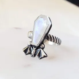 Rainbow Moonstone Coffin Cut Gothic Style Ring With Bat  - 925 Sterling Silver Ring