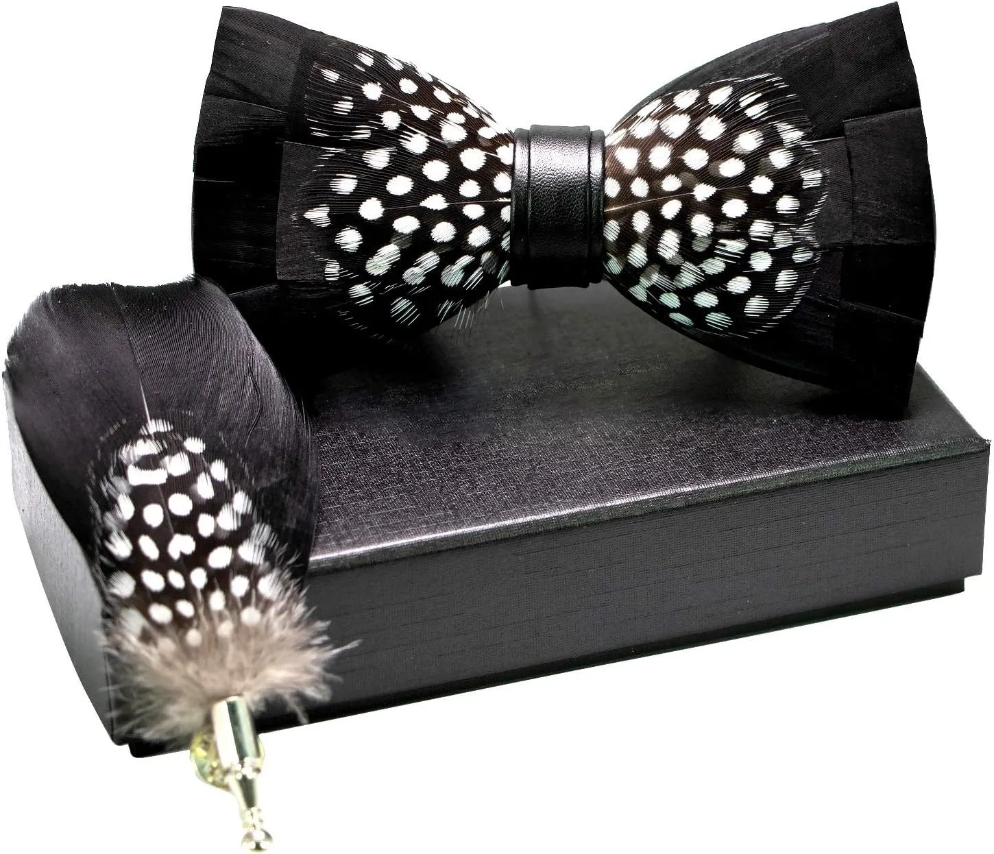 RBOCOTT Handmade Feather Pre-tied Bow tie and Brooch Sets for Men