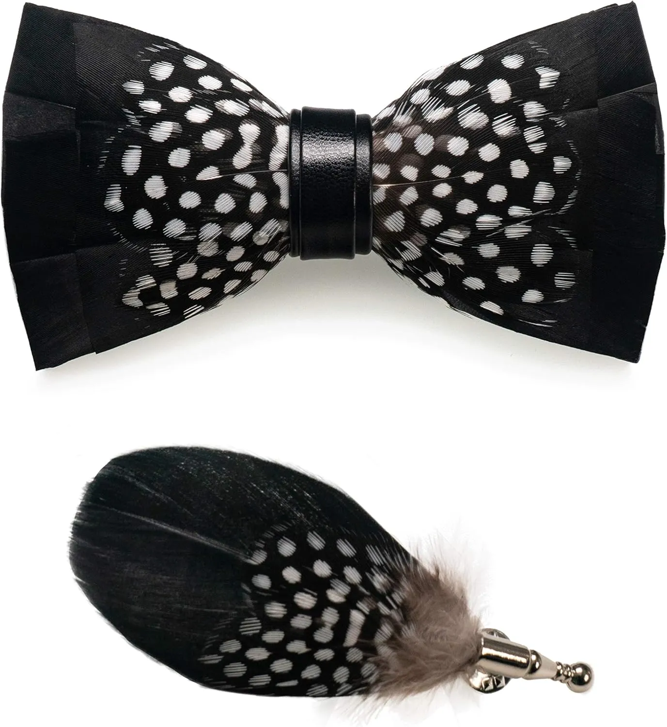 RBOCOTT Handmade Feather Pre-tied Bow tie and Brooch Sets for Men
