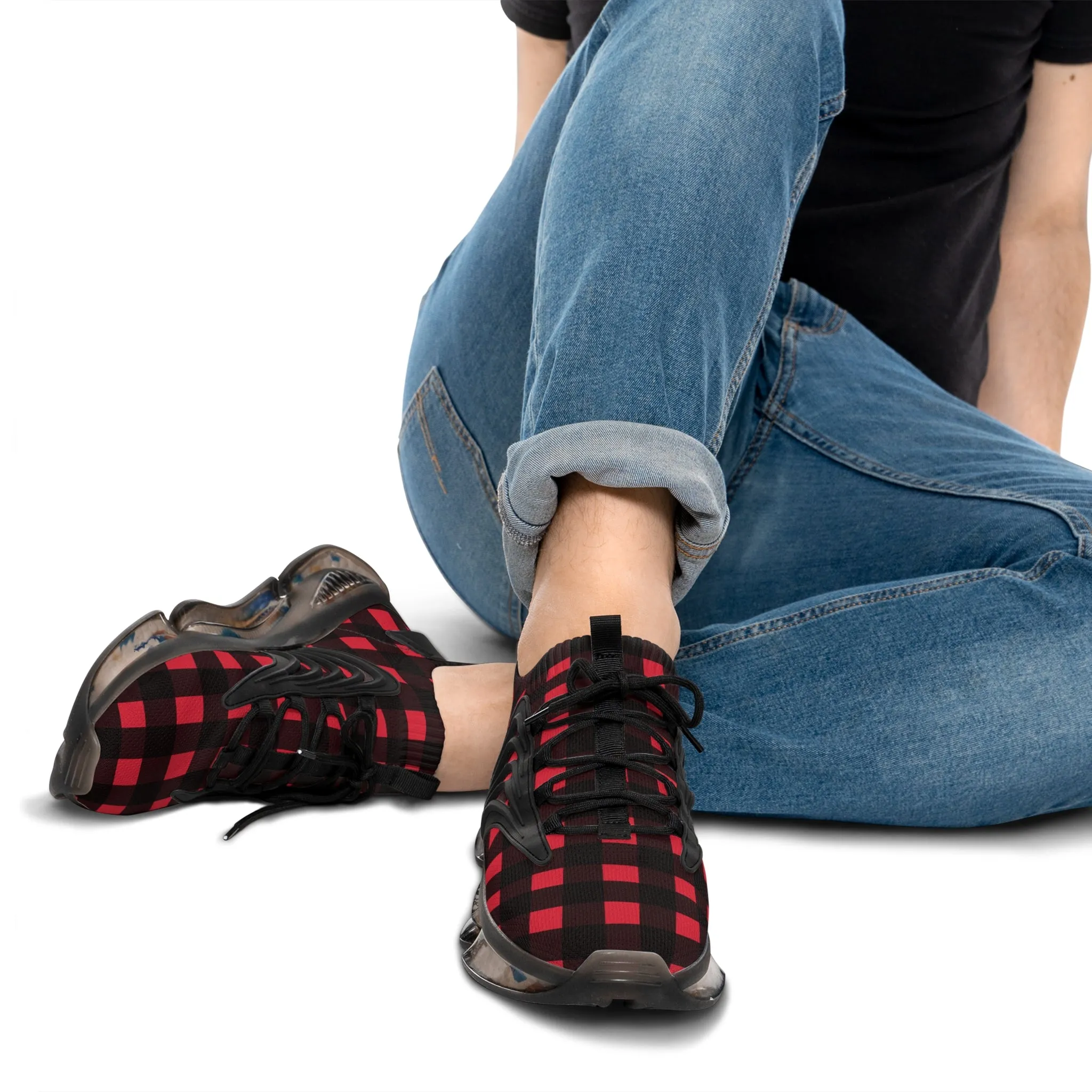 Red Plaid Men's Mesh Sneakers, Red Buffalo Plaid Print Plaid Print Men's Sneakers Best Comfy Men's Mesh Sports Sneakers Shoes (US Size: 5-12)