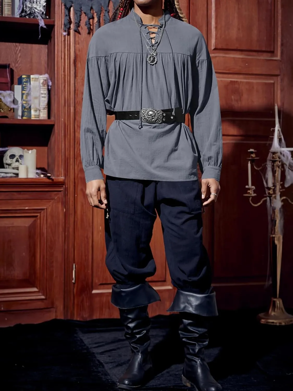 Runcati Mens Medieval Pirate Shirt Steampunk Viking Renaissance Long Sleeve Lace Up Scottish Halloween Costume Tops