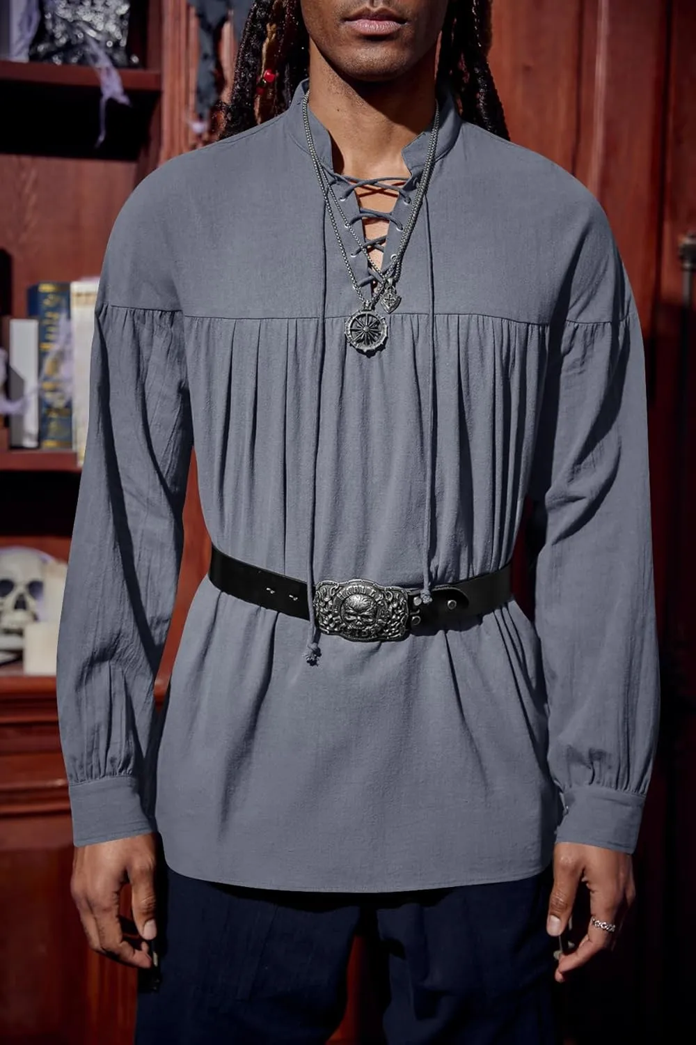 Runcati Mens Medieval Pirate Shirt Steampunk Viking Renaissance Long Sleeve Lace Up Scottish Halloween Costume Tops