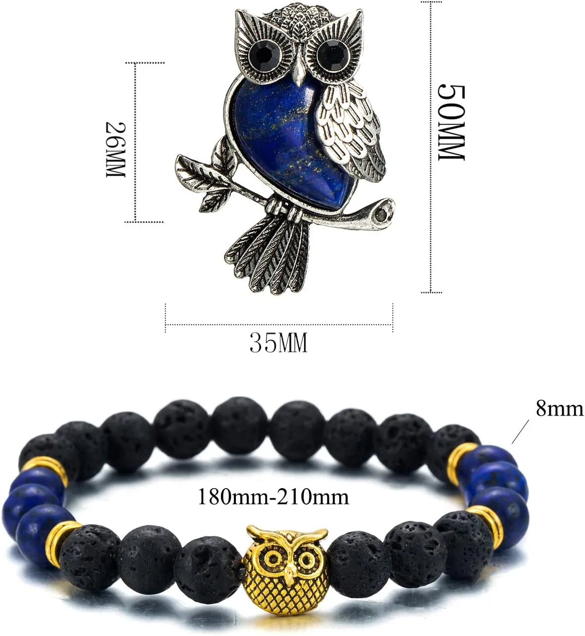 Softones Owl Necklace Healing Crystals Necklace for Women Men Reiki Spiritual Energy Gemstone Necklace Lava Owl Bracelet Set Gifts for Women with Gift Box
