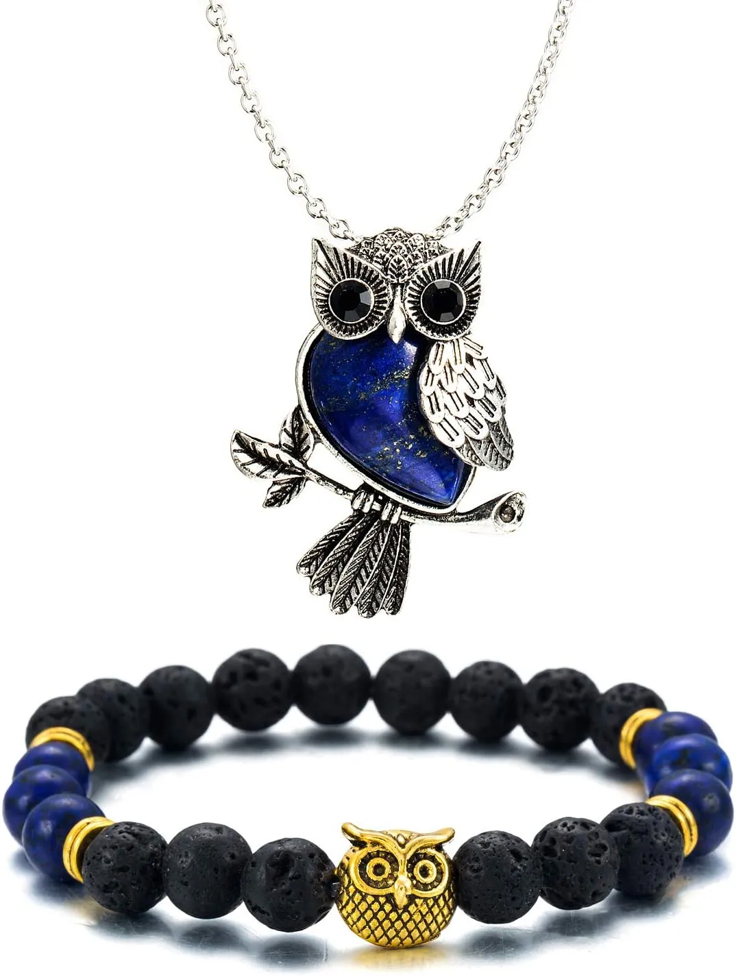 Softones Owl Necklace Healing Crystals Necklace for Women Men Reiki Spiritual Energy Gemstone Necklace Lava Owl Bracelet Set Gifts for Women with Gift Box