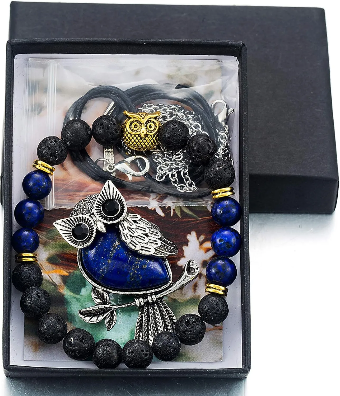Softones Owl Necklace Healing Crystals Necklace for Women Men Reiki Spiritual Energy Gemstone Necklace Lava Owl Bracelet Set Gifts for Women with Gift Box