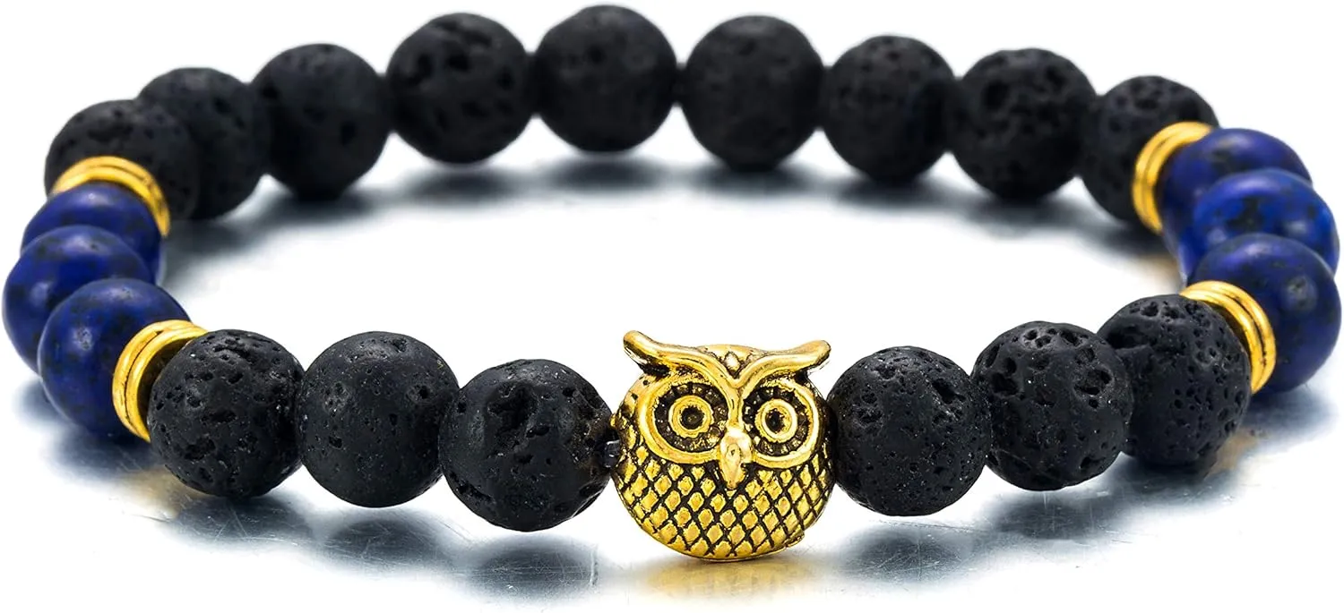 Softones Owl Necklace Healing Crystals Necklace for Women Men Reiki Spiritual Energy Gemstone Necklace Lava Owl Bracelet Set Gifts for Women with Gift Box