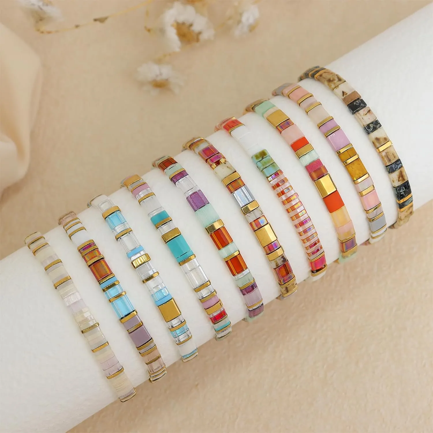 Sonateomber Tila Flat Beaded Stretch Bracelets for Women, Trendy Stackable Colorful Glass Square Beads Stack Bracelet Beach Jewelry Gift