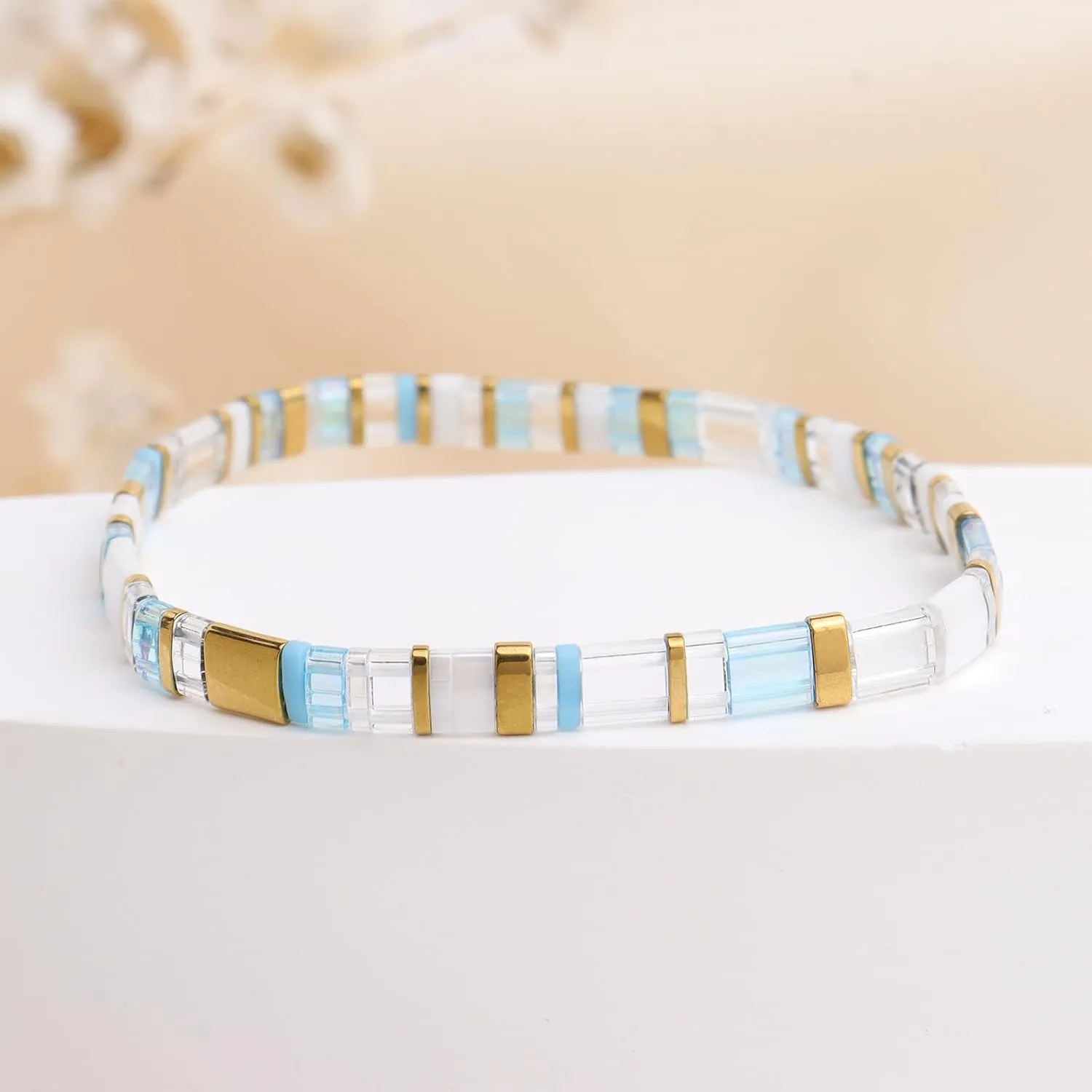Sonateomber Tila Flat Beaded Stretch Bracelets for Women, Trendy Stackable Colorful Glass Square Beads Stack Bracelet Beach Jewelry Gift