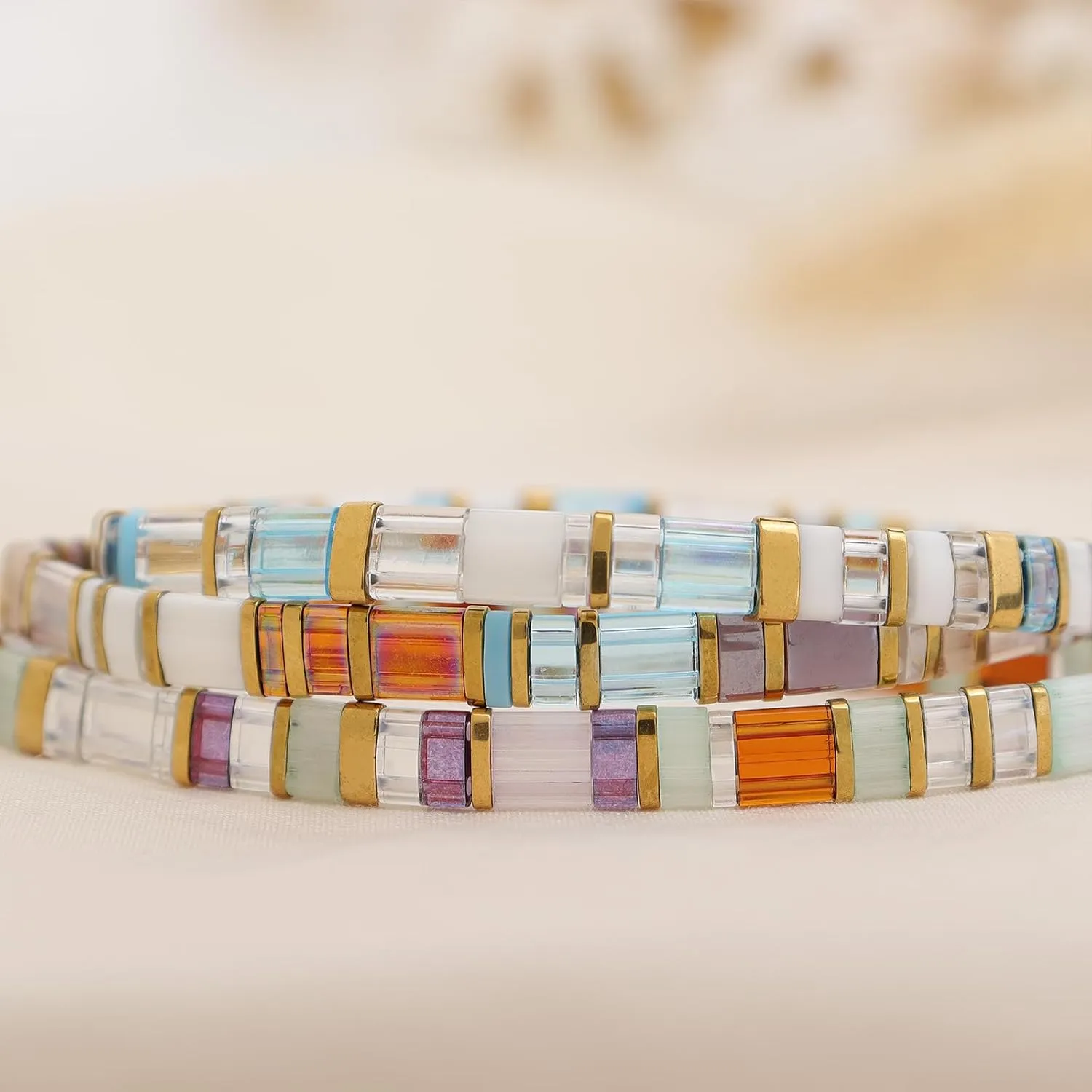 Sonateomber Tila Flat Beaded Stretch Bracelets for Women, Trendy Stackable Colorful Glass Square Beads Stack Bracelet Beach Jewelry Gift