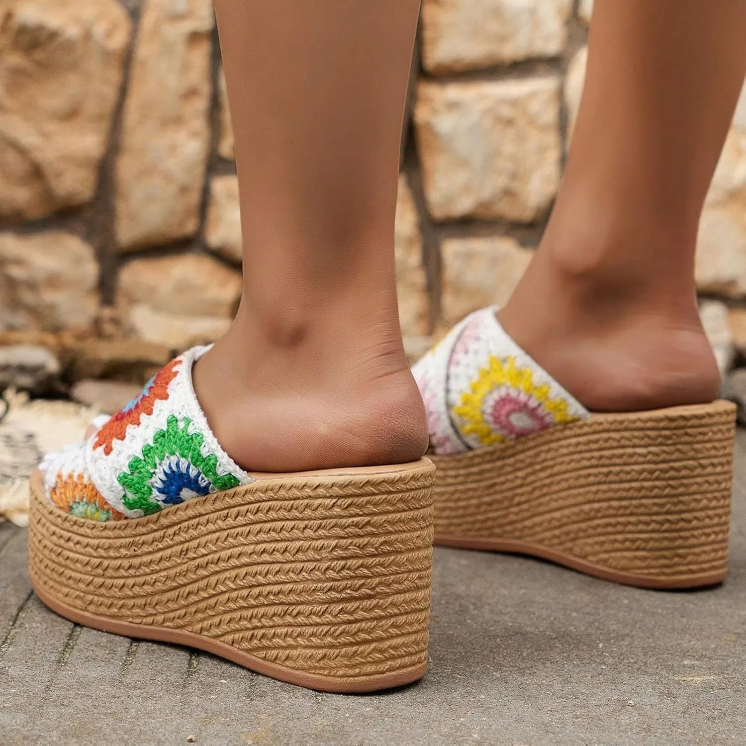 SuanlaTDS Wedge Sandals for Women Dressy Summer 2025 Platform Outdoor Slip-on Comfortable Slides Slippers Beach Walking Shoes Open Toe Boho Wedges High Heels Sandal Mules