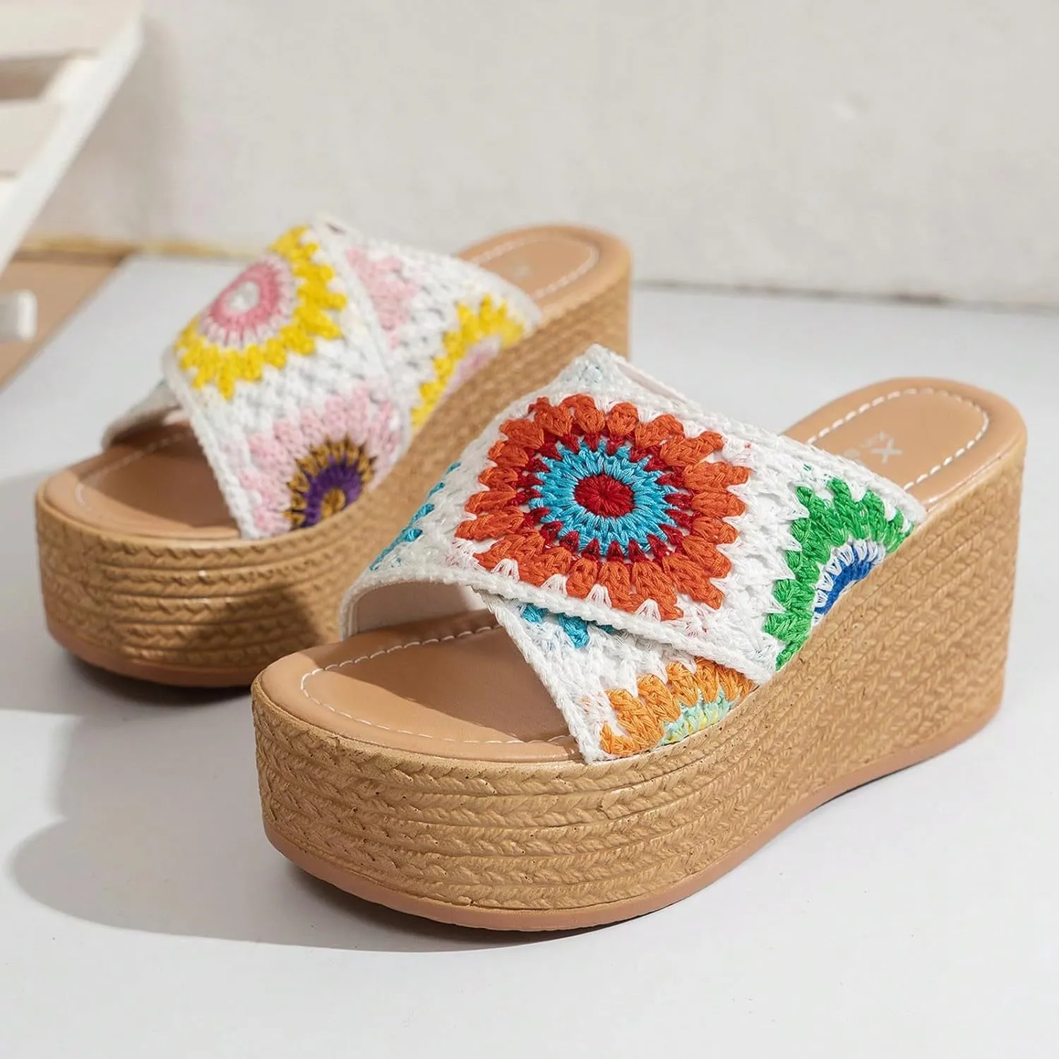 SuanlaTDS Wedge Sandals for Women Dressy Summer 2025 Platform Outdoor Slip-on Comfortable Slides Slippers Beach Walking Shoes Open Toe Boho Wedges High Heels Sandal Mules