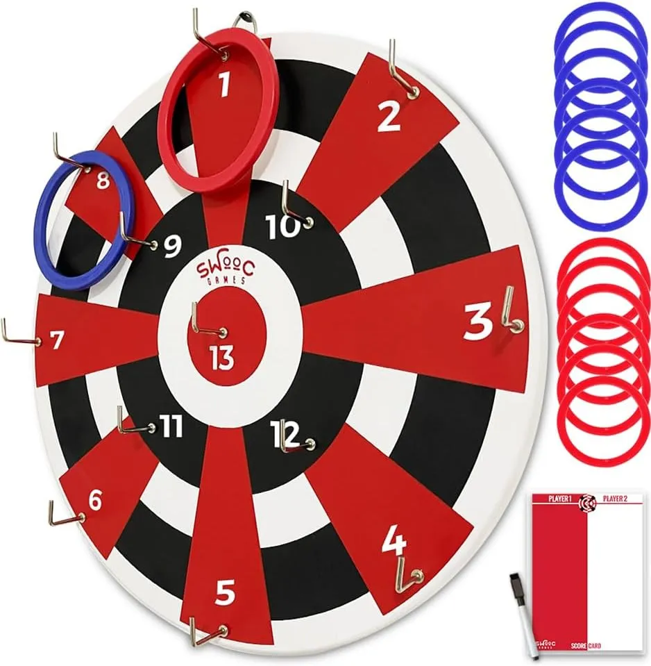 SWOOC Games  Hook Darts Ring Toss Game  Wood Board & Soft Rings  20  Games Included for Kids & Adults  Wall Mounted Ring and Hook  Indoor & Outdoor Wall Decor for Game Room, Patio, Garage, Yard