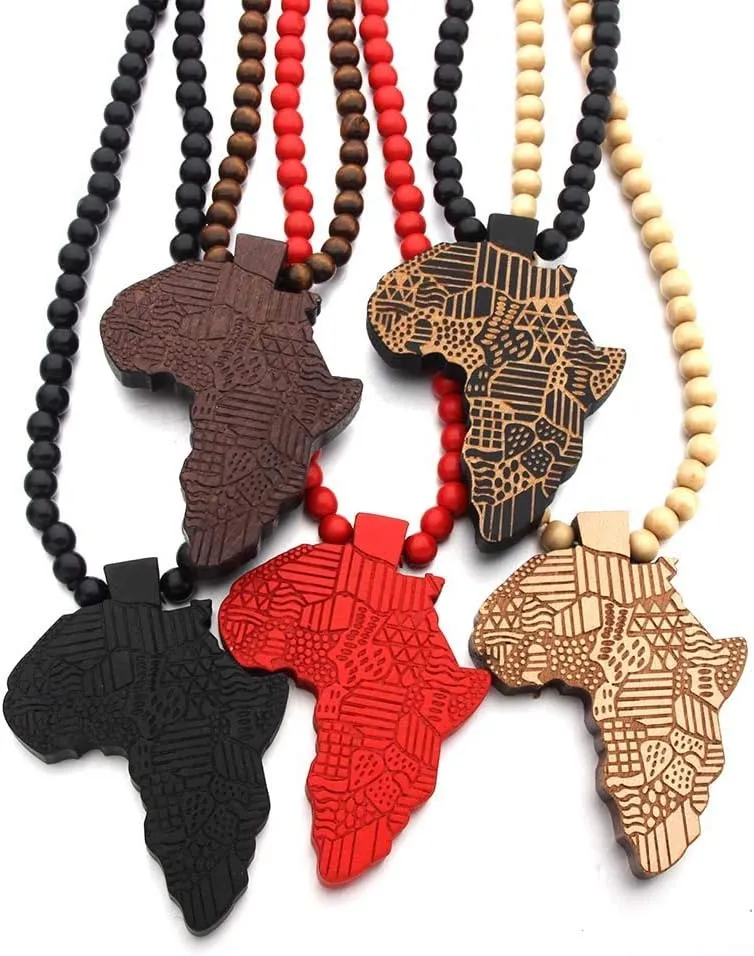 The Woo's Wooden Beaded Sweater Chain Vintage Cross/African Map Pendant for Men and Women Hip Hop Necklace Jewelry Unisex Necklaces Gifts