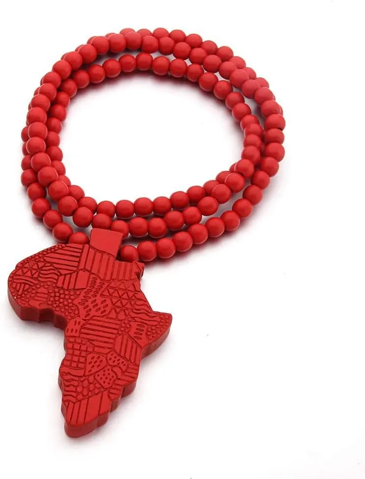 The Woo's Wooden Beaded Sweater Chain Vintage Cross/African Map Pendant for Men and Women Hip Hop Necklace Jewelry Unisex Necklaces Gifts