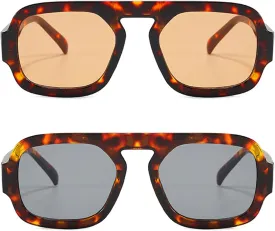 Trendy Hexagon Aviator Sunglasses for Women Men 70s Retro Square Flat Top Geometric Sun Glasses Shades