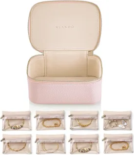 Vlando Travel Jewelry Organizer,Jewelry Box for Girls Women,Jewelry Case for 8 Pcs Velvet Jewelry Bags Storage for Necklace Rings Girls Women Valentines Gift Birthday Gifts-Pink
