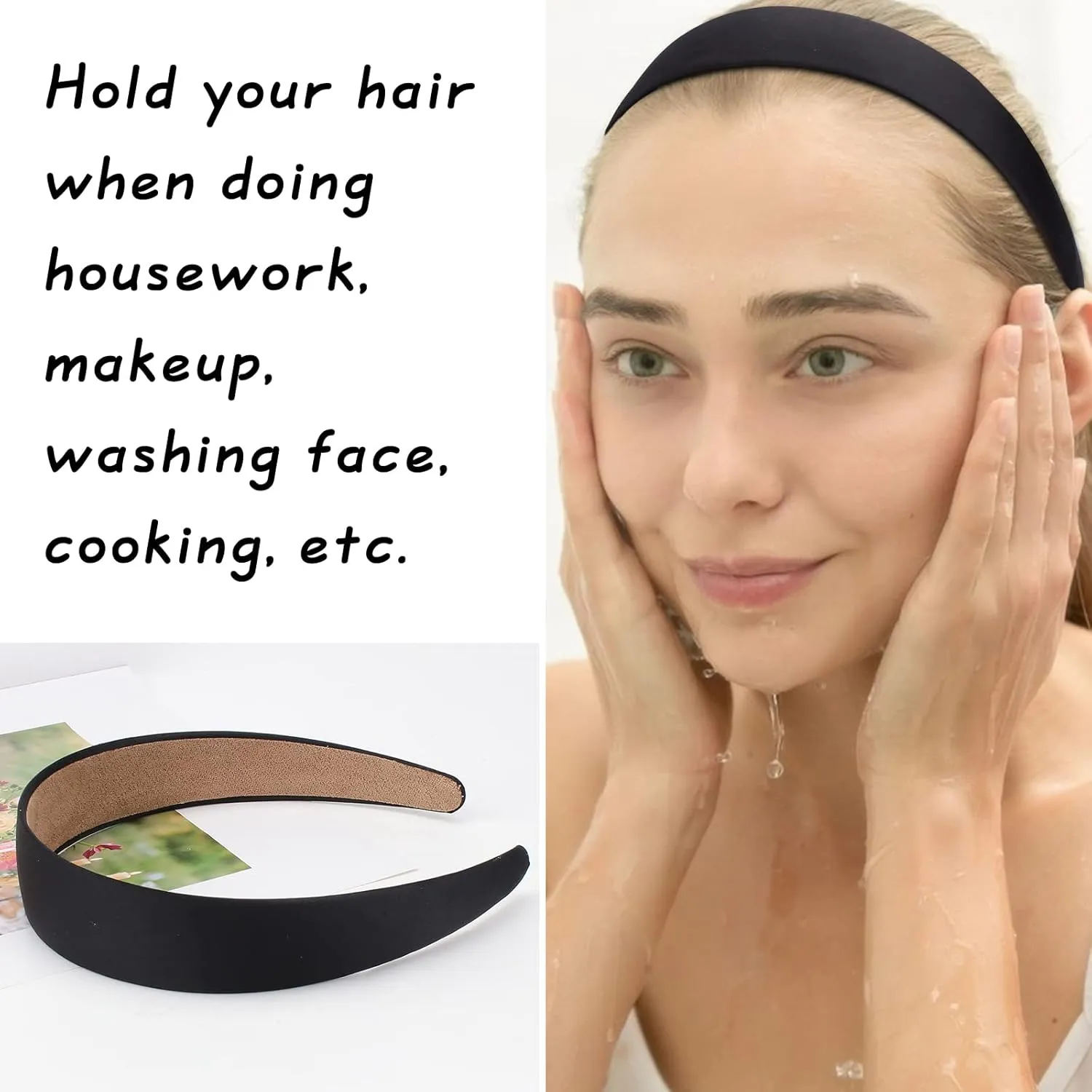 Wecoe 10 Pack Black Satin Wide 1.3 Inch Non-Slip Fashion Halloween DIY Plain Solid Hair Bands for Women and Girls