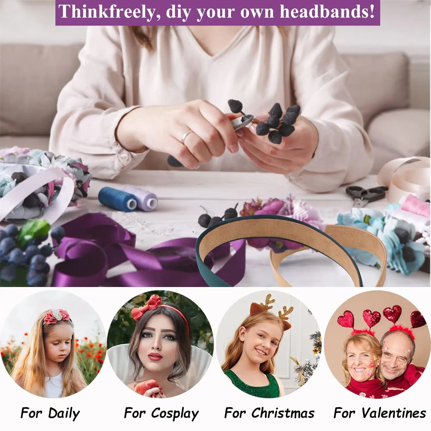 Wecoe 10 Pack Black Satin Wide 1.3 Inch Non-Slip Fashion Halloween DIY Plain Solid Hair Bands for Women and Girls