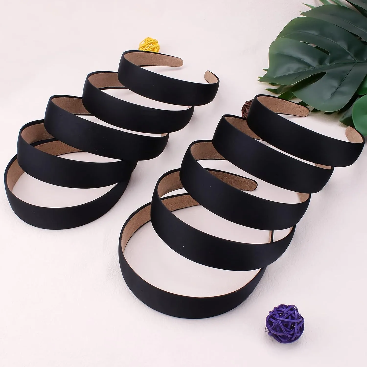 Wecoe 10 Pack Black Satin Wide 1.3 Inch Non-Slip Fashion Halloween DIY Plain Solid Hair Bands for Women and Girls