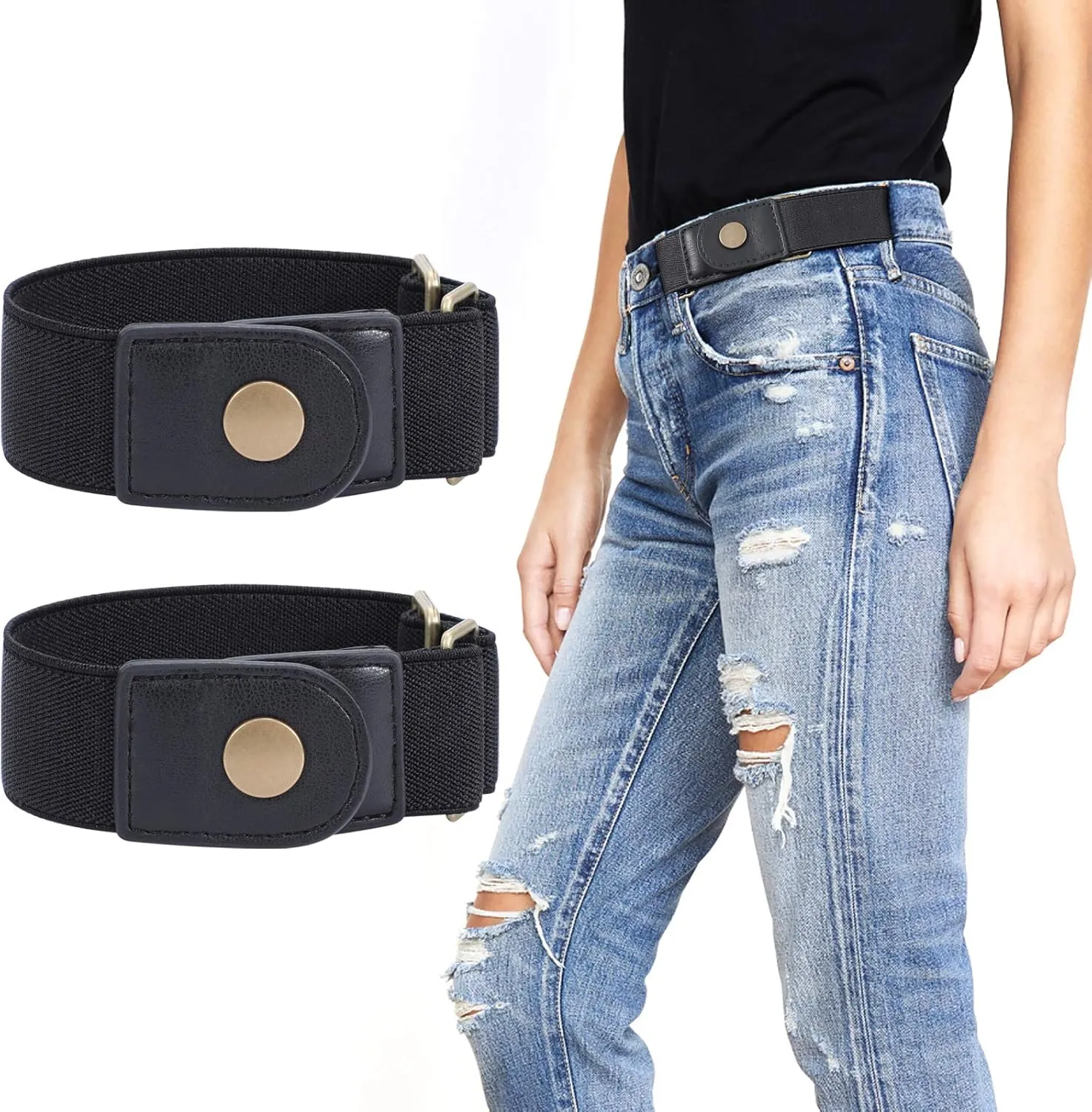 WERFORU Women 2 Loop No Buckle Elastic Belt for Women Men Side belts Buckle Free Stretch Belt for Jeans Pants