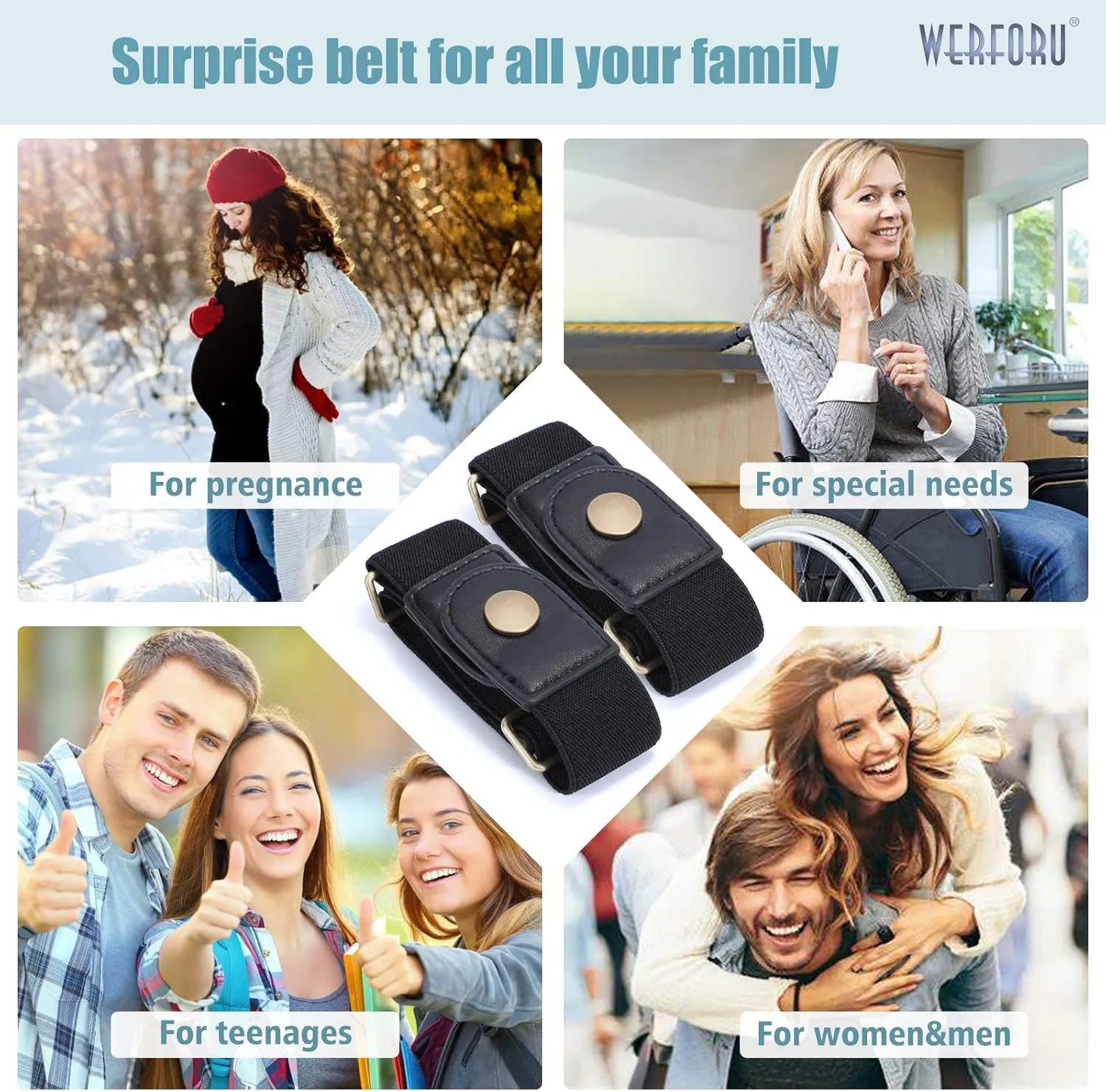 WERFORU Women 2 Loop No Buckle Elastic Belt for Women Men Side belts Buckle Free Stretch Belt for Jeans Pants