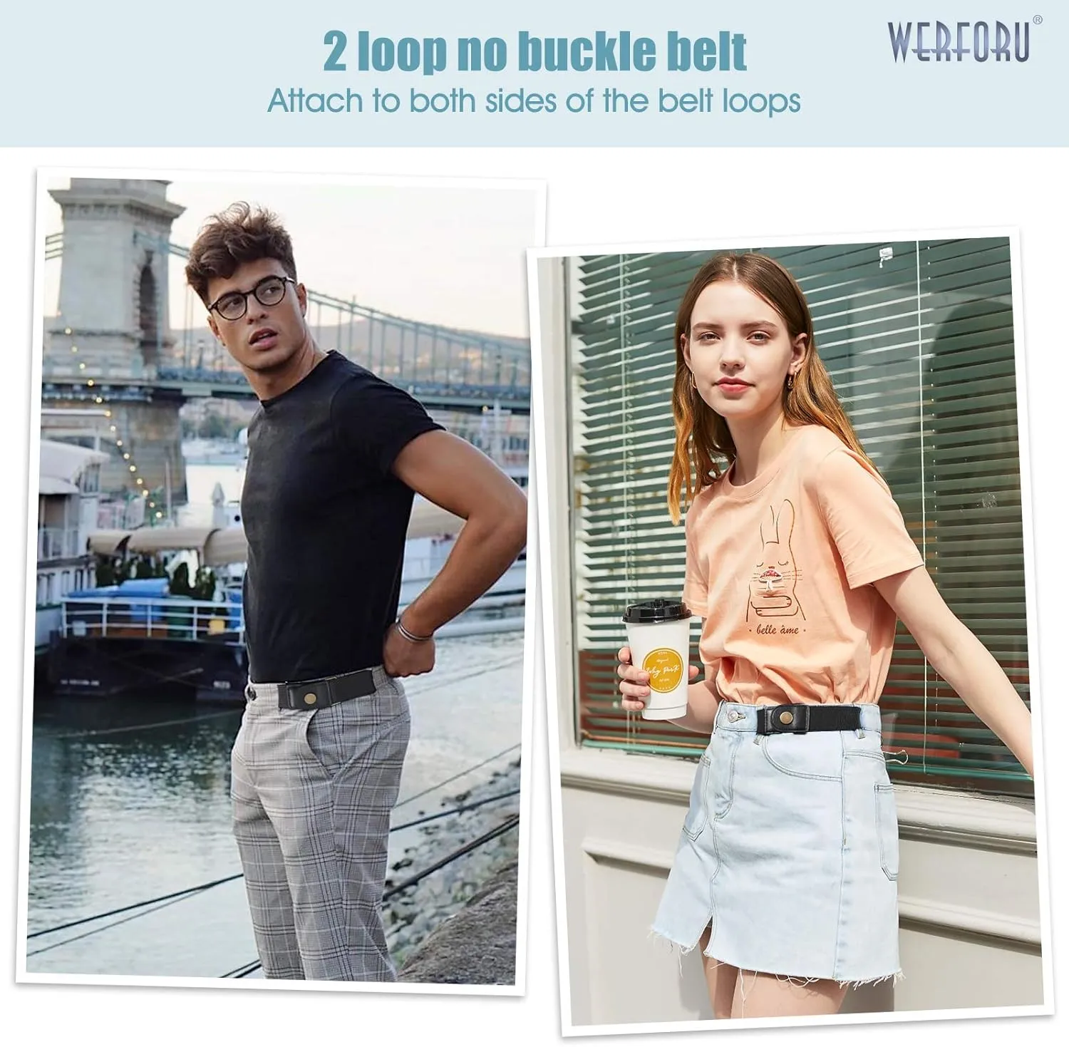 WERFORU Women 2 Loop No Buckle Elastic Belt for Women Men Side belts Buckle Free Stretch Belt for Jeans Pants