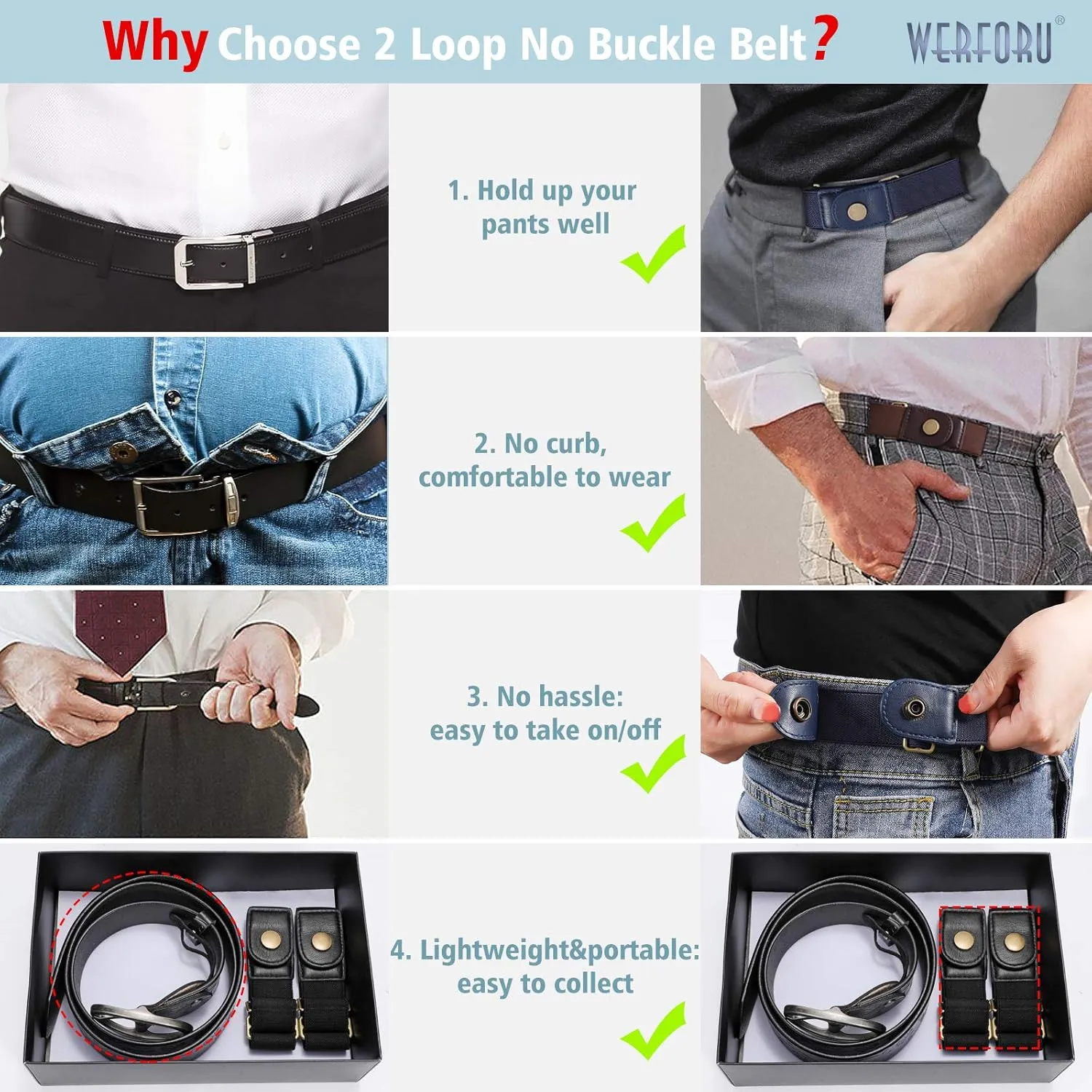 WERFORU Women 2 Loop No Buckle Elastic Belt for Women Men Side belts Buckle Free Stretch Belt for Jeans Pants