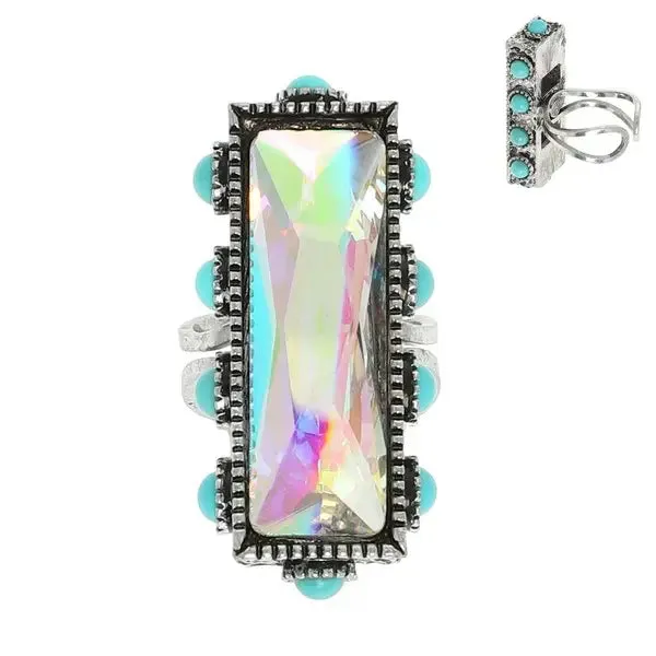 Western Rectangle Crystal Gemstone Stretch Ring