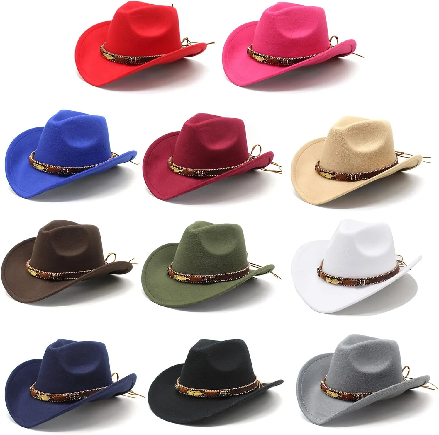 Women Men Western Cowboy Hat, Vintage Felt Cowgirl Hat Wide Brim Bowler Cap Adult Cowboy Hats