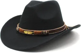 Women Men Western Cowboy Hat, Vintage Felt Cowgirl Hat Wide Brim Bowler Cap Adult Cowboy Hats