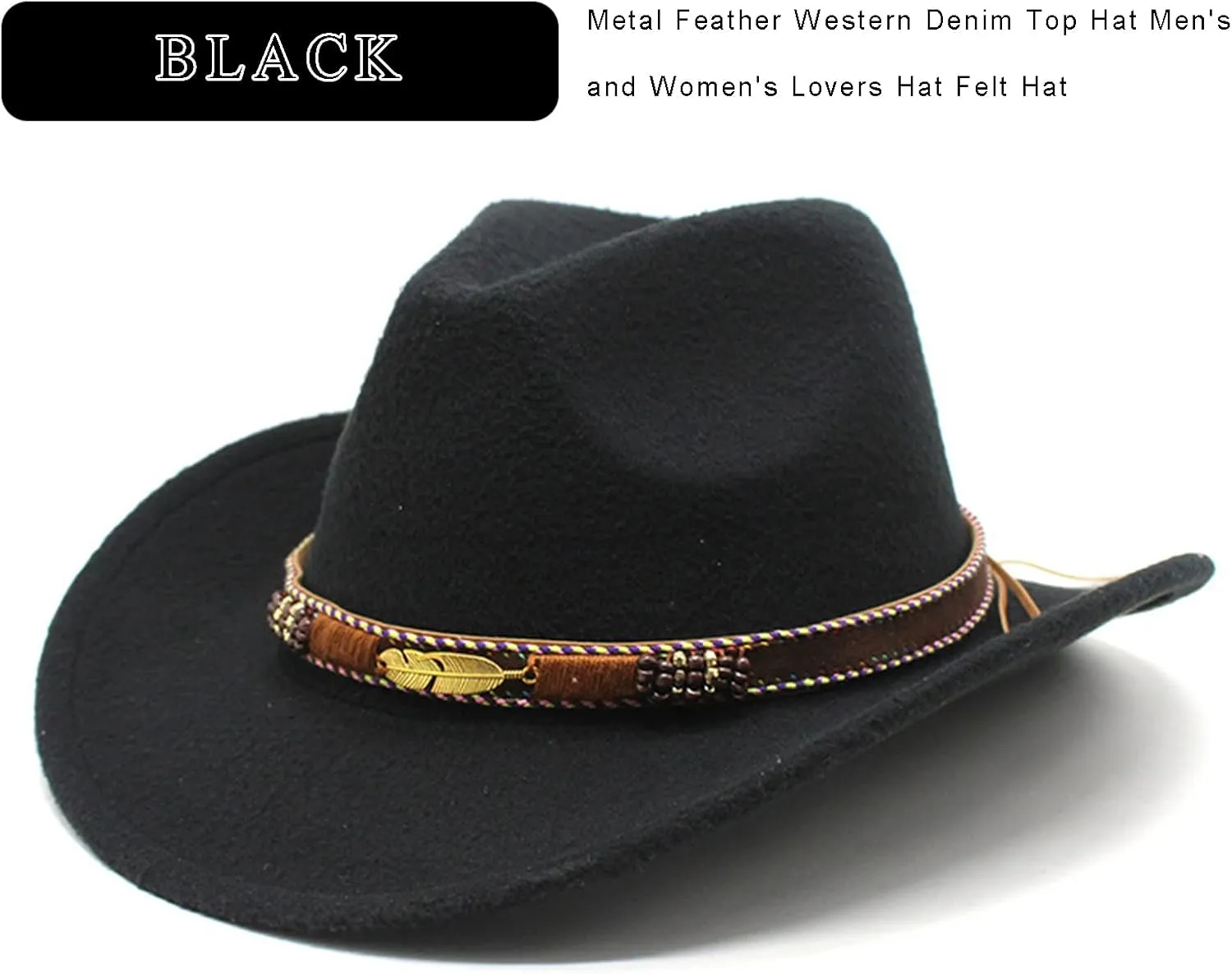 Women Men Western Cowboy Hat, Vintage Felt Cowgirl Hat Wide Brim Bowler Cap Adult Cowboy Hats