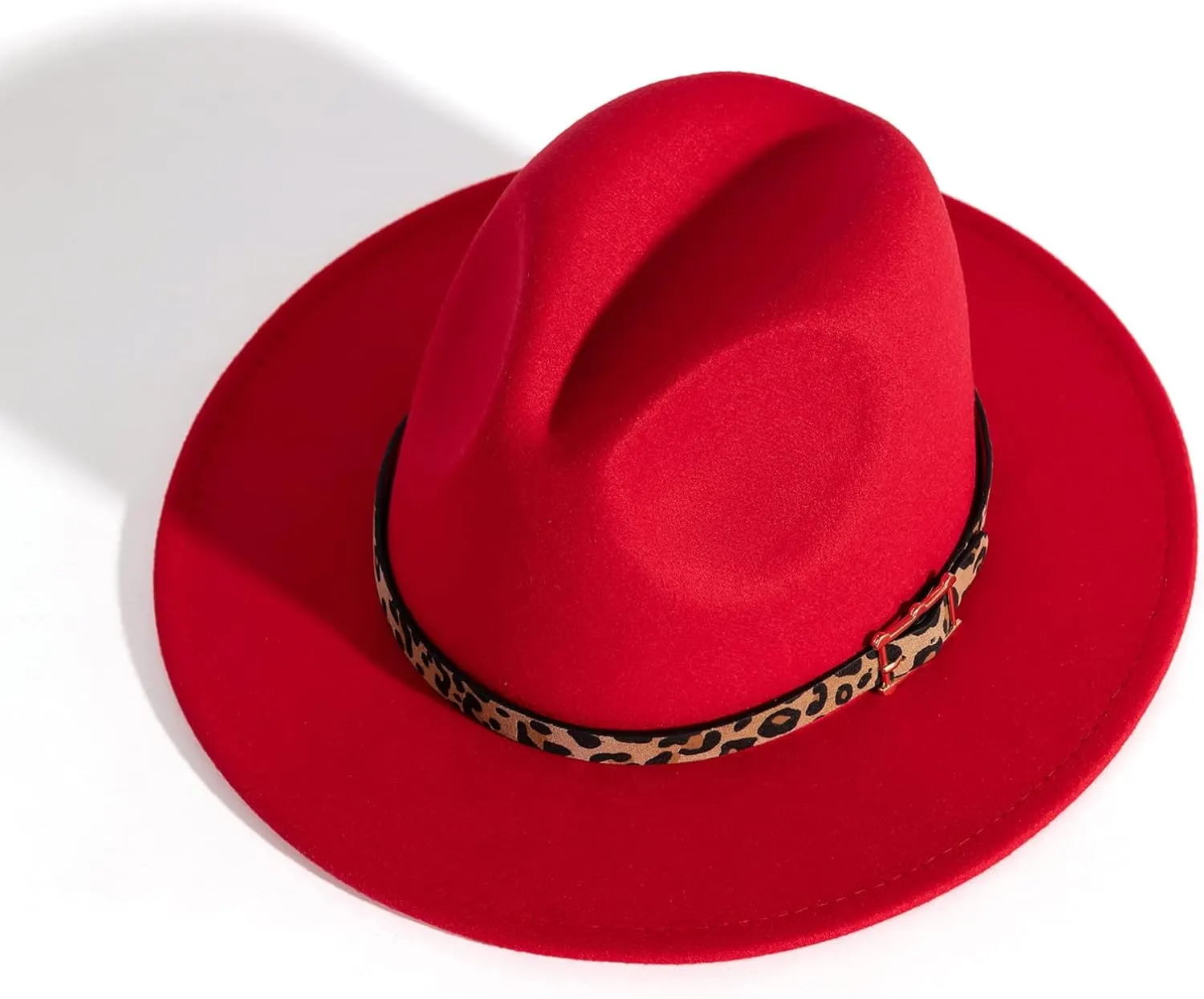 Women's Wide Brim Felt Fedora Panama Hat with Leopard Belt Buckle