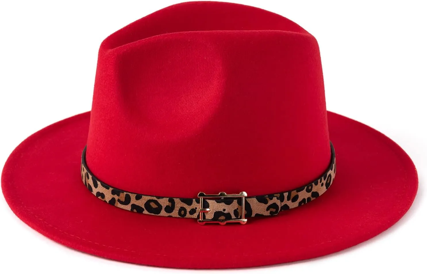 Women's Wide Brim Felt Fedora Panama Hat with Leopard Belt Buckle