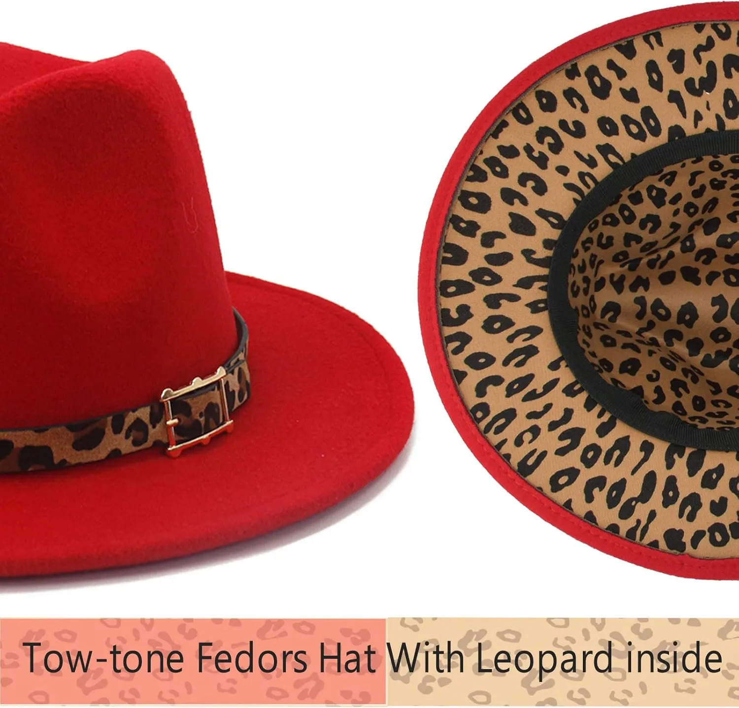 Women's Wide Brim Felt Fedora Panama Hat with Leopard Belt Buckle