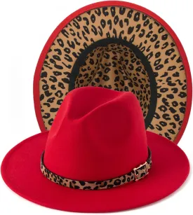 Women's Wide Brim Felt Fedora Panama Hat with Leopard Belt Buckle