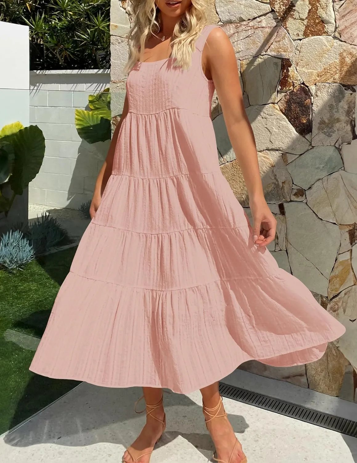 ZESICA Women's Summer Sleeveless Dress Casual Backless Loose Flowy Tiered Sundress Beach Cover up Tank Dresses